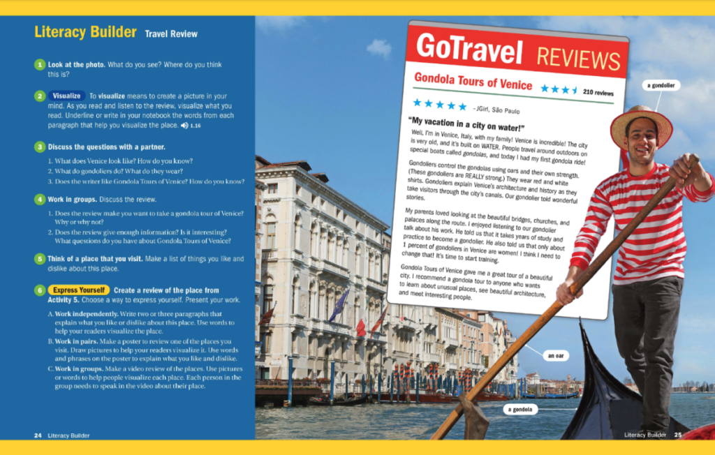 A travel review reading passage and activities from Impact, Second Edition.